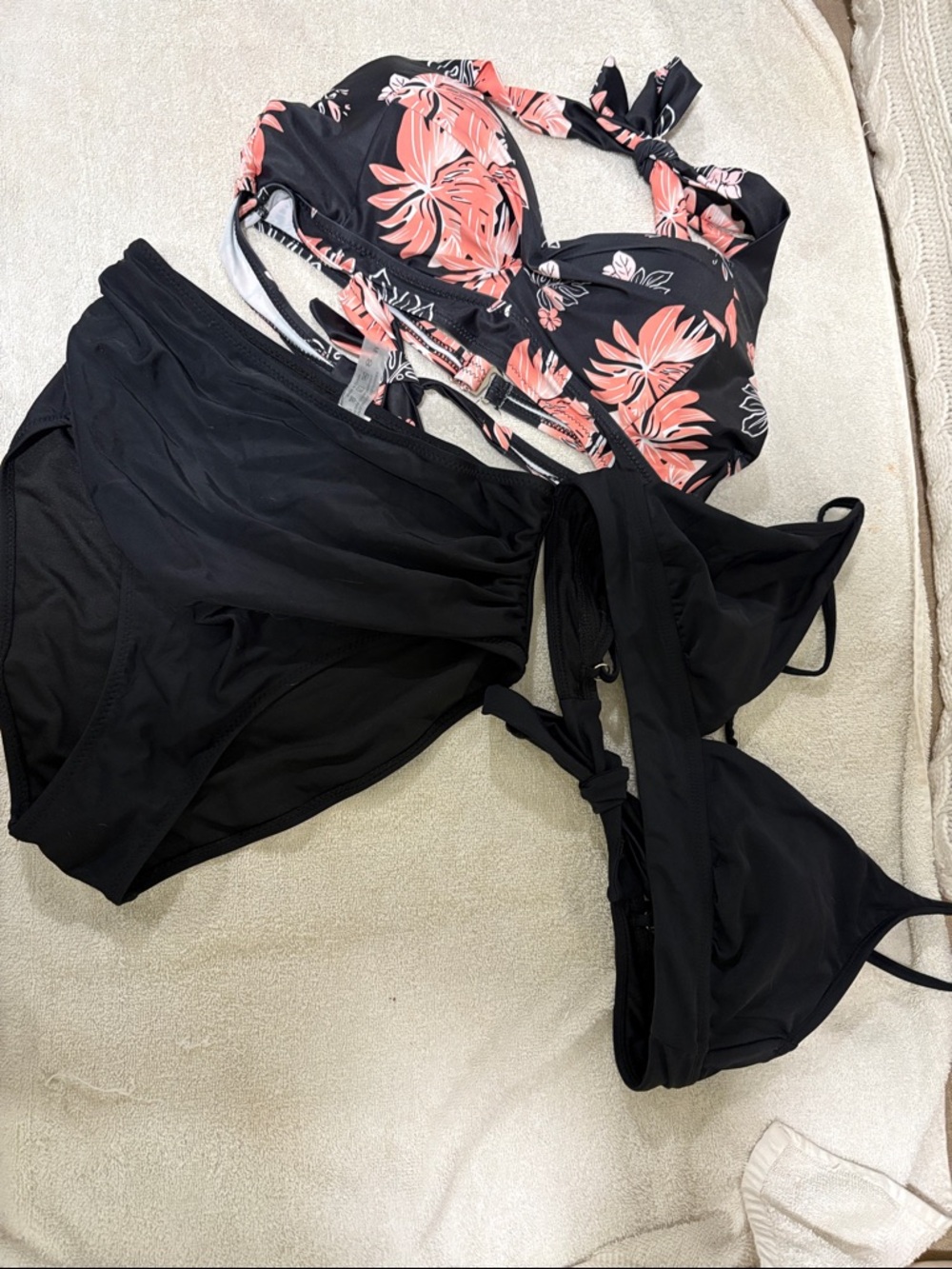 Black Bikini Set with Pink Floral Top with bonus NOBO black bikini top(large)